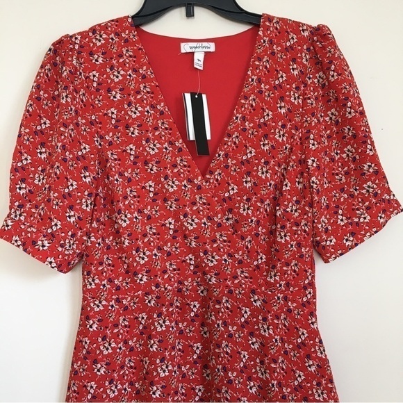 Speechless Boho Orange Floral V-neck short Puff Sleeve A-line Mini Dress - Picture 6 of 16
